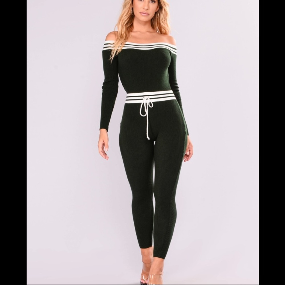 White and Green Off the Shoulder Jumpsuit